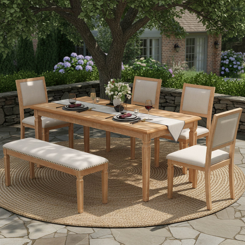 Ensemble de table de salle à manger extensible Farmhouse pour table rustique 6, 59 à 72 pouces avec 4 chaises et banc, finition naturelle délavée