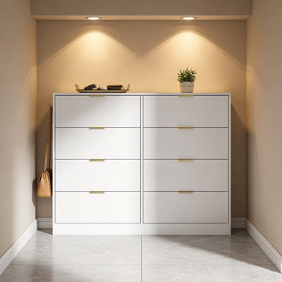 Commode moderne à 8 tiroirs pour chambre à coucher, grande commode en bois avec trousse de sécurité anti-basculement, organisateur de rangement large avec tiroirs coulissants pour placard, salon ou couloir, blanc