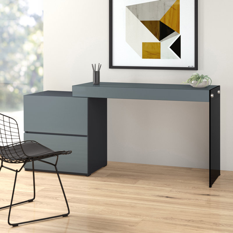 Bureau d'écriture en bois manufacturé 2 tiroirs avec base en verre Fajardo, Gris