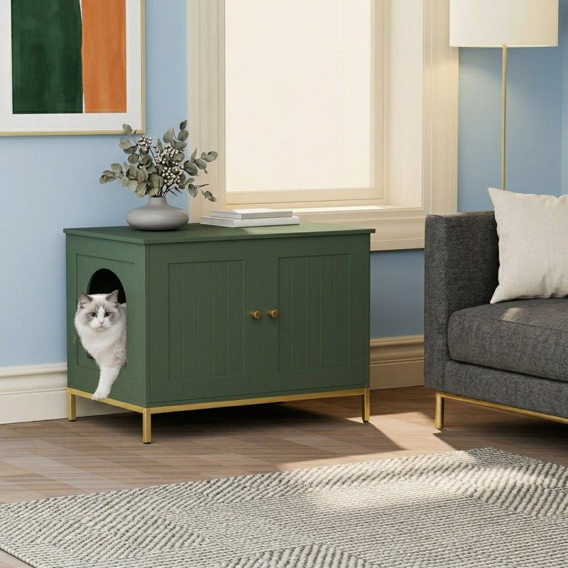 Armoire à litière pour chat avec structure en métal, mobilier de salle de bain moderne pour chats, s'adapte à la plupart des bacs à litière, finition verte et dorée