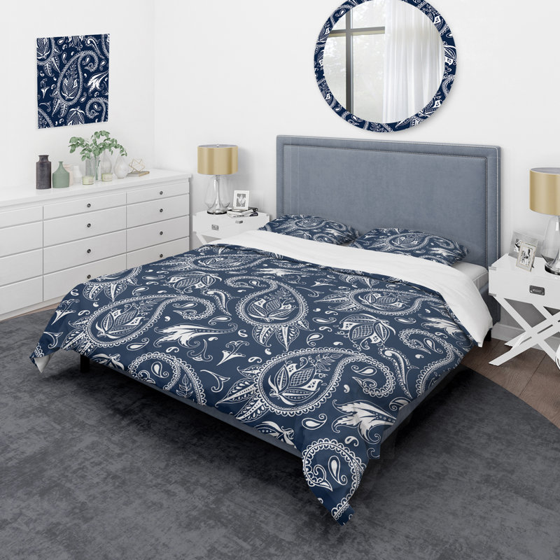 Bleu floral cachemire - ensemble de housse de couette abstrait - microfibre de polyester