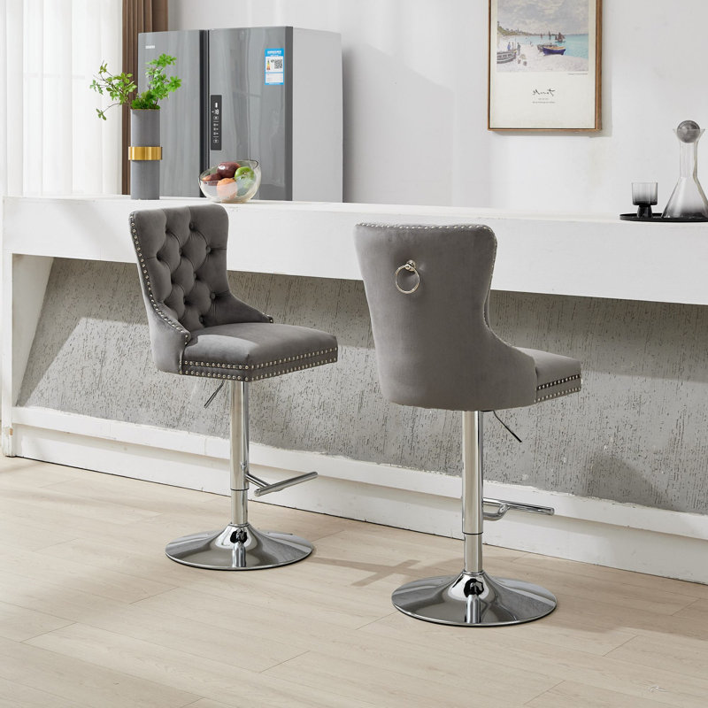 Tabourets de bar épais et pivotants en velours chromé, Gris