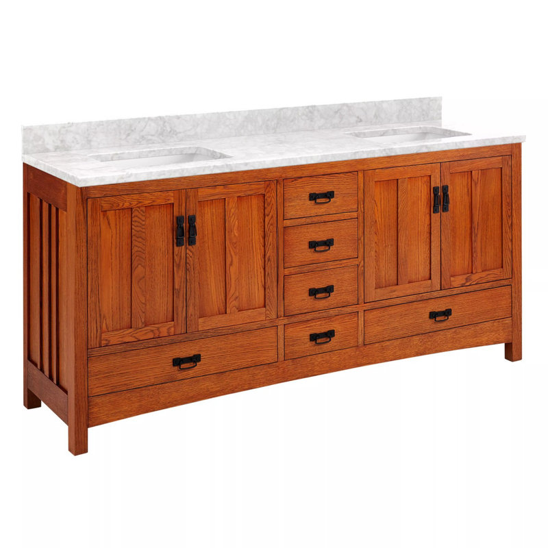 72" Maybeck Dbl Vanity - Tinted Oak With Rect Undermount Sinks, Carrara Marble, No Faucet Hole