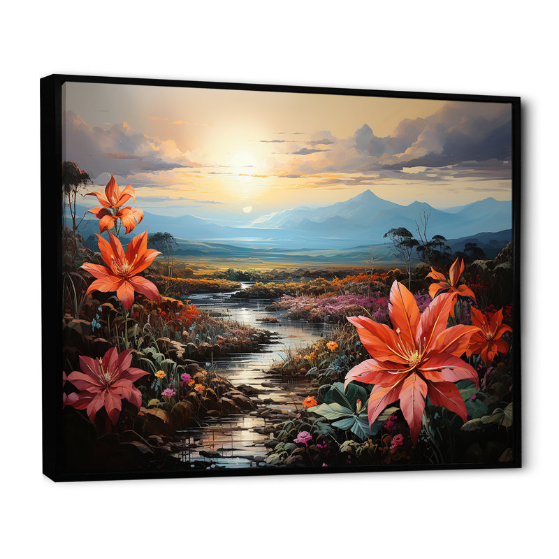 Charme de poinsettias en présence de volcan, Cadre flottant noir, H 16 po x l 32 po x P 1 po