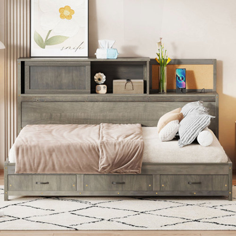 Wooden Daybed with 3 Storage Drawers, Gray, Full / Double