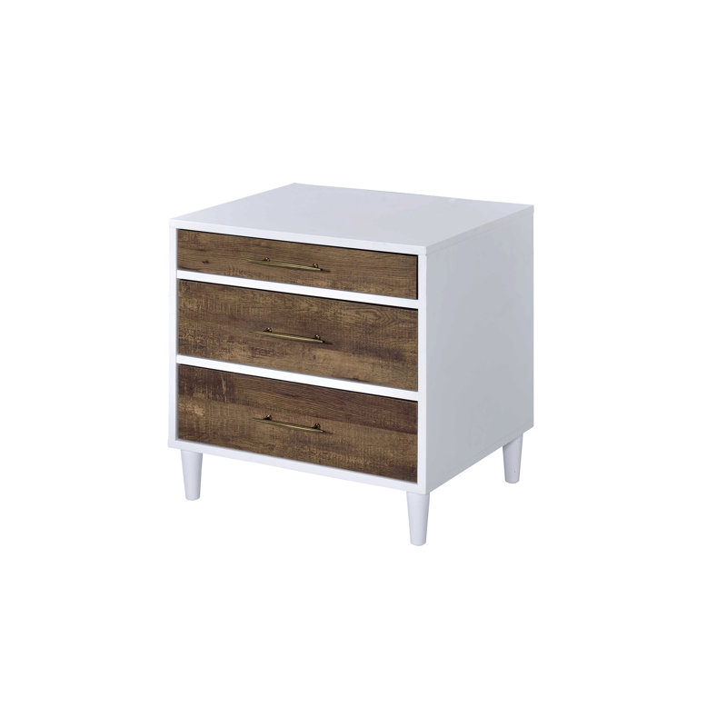 Table rectangulaire en bois avec 3 rangements au fini blanc et aspect chêne vieilli