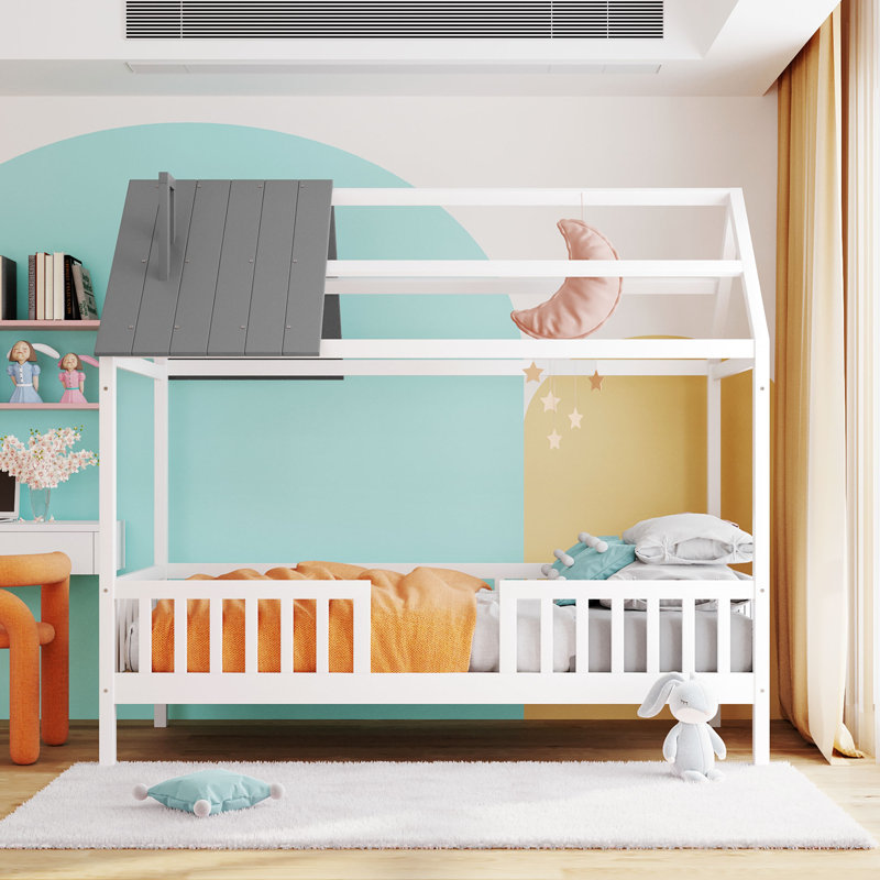 Wood House Bed With Fence, White/Gray, Twin