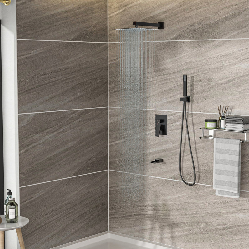 Système de douche mural avec bec de baignoire en cascade, bronze huilé - carré de 12 pouces, 3 pluies et portatif, valve, installation facile carrée en 3 fonctions - routine d’équilibre et d’entretien