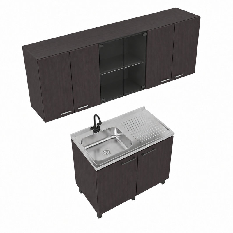 Meuble sous-évier 53,3 x 99,1 x 88,9 cm (21 x 39 x 35 pouces), panneaux de particules, 2 pièces, porte vitrée marron, rangement