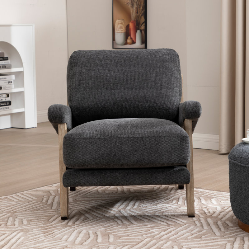 Thickly Padded Linen Solid Wood Armchair, Gray Linen