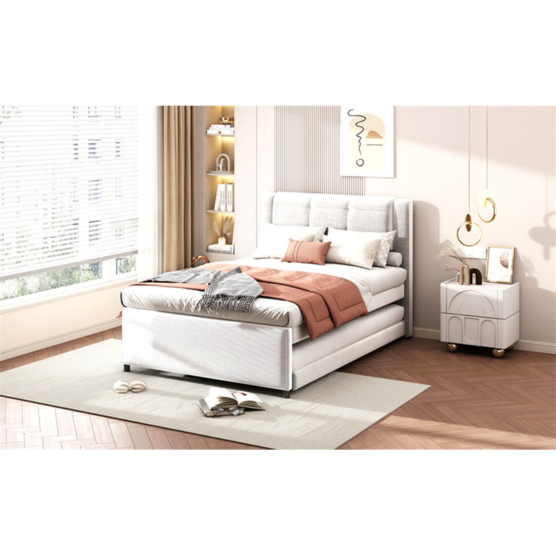 Lit plateforme double tapissier avec lit gigogne, le lit gigogne peut être plat ou érigé, beige