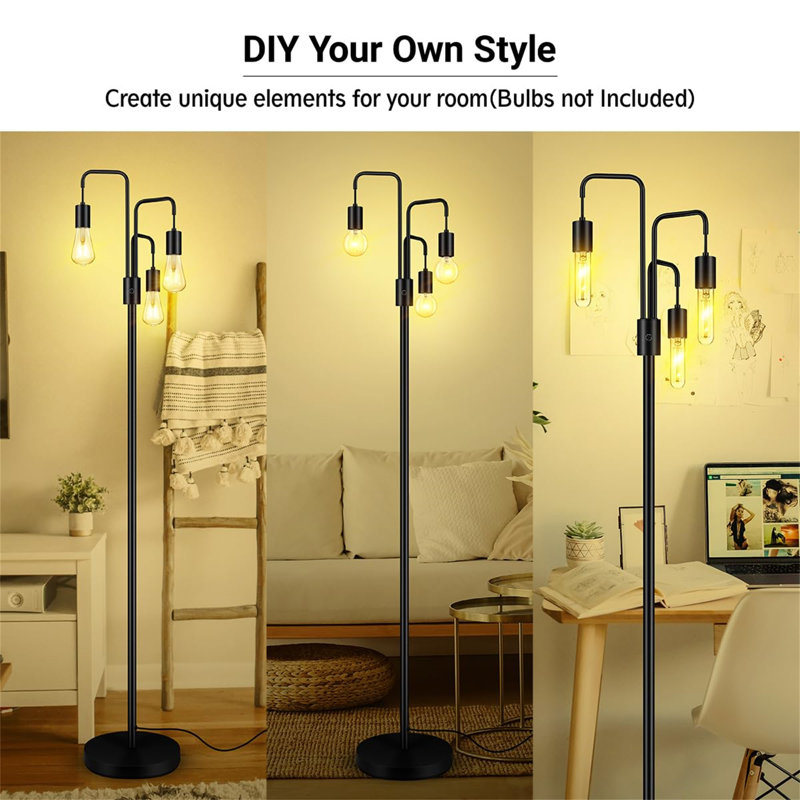 Black Industrial 3-Light Adjustable Floor Lamp with E26 Sockets