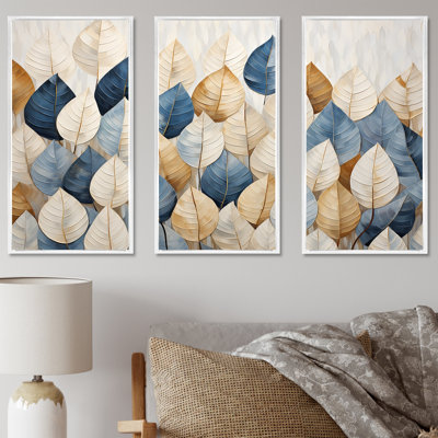 Ensemble de salon mural minimaliste beige et bleu avec feuilles I Collage I