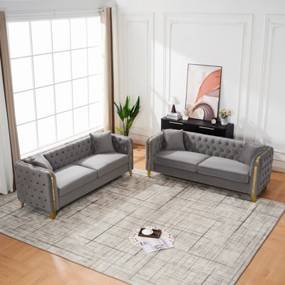 Canapé capitonné en velours 3 + 3 places avec pieds dorés, canapé Chesterfield avec accents en acier inoxydable doré pour le salon, la chambre à coucher, le bureau, noir