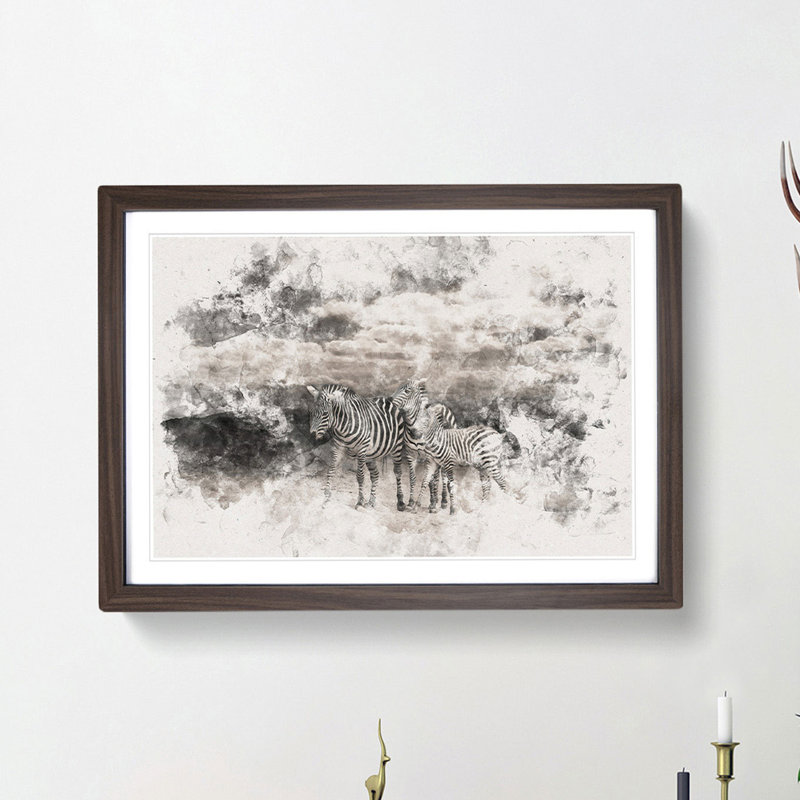 Three Zebras in the Wild Watercolour - Picture Frame Graphic Art Print, Walnut Framed, 62cm H x 87cm W x 2cm D