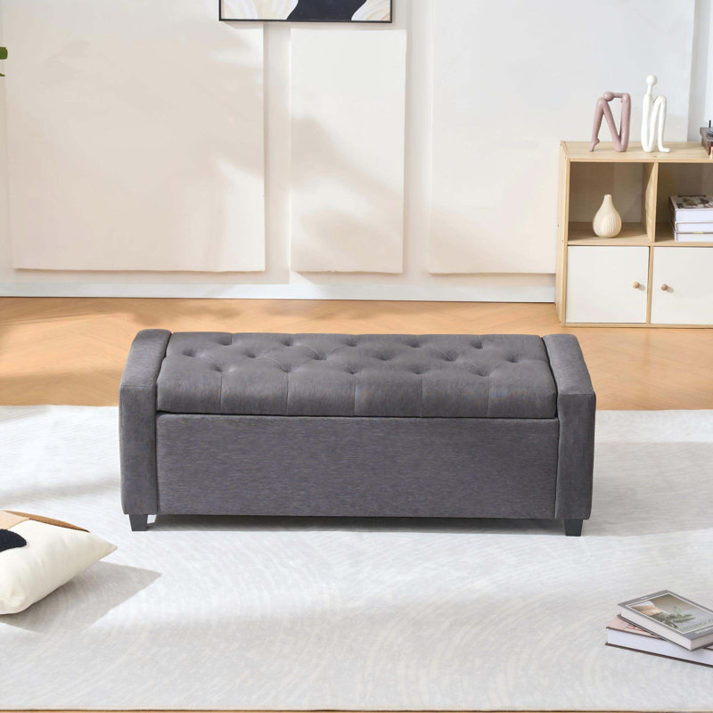 Faux Linen Upholstered Storage Bench With Safety Hinge Lid For Multi-Scene Home Use, Gray