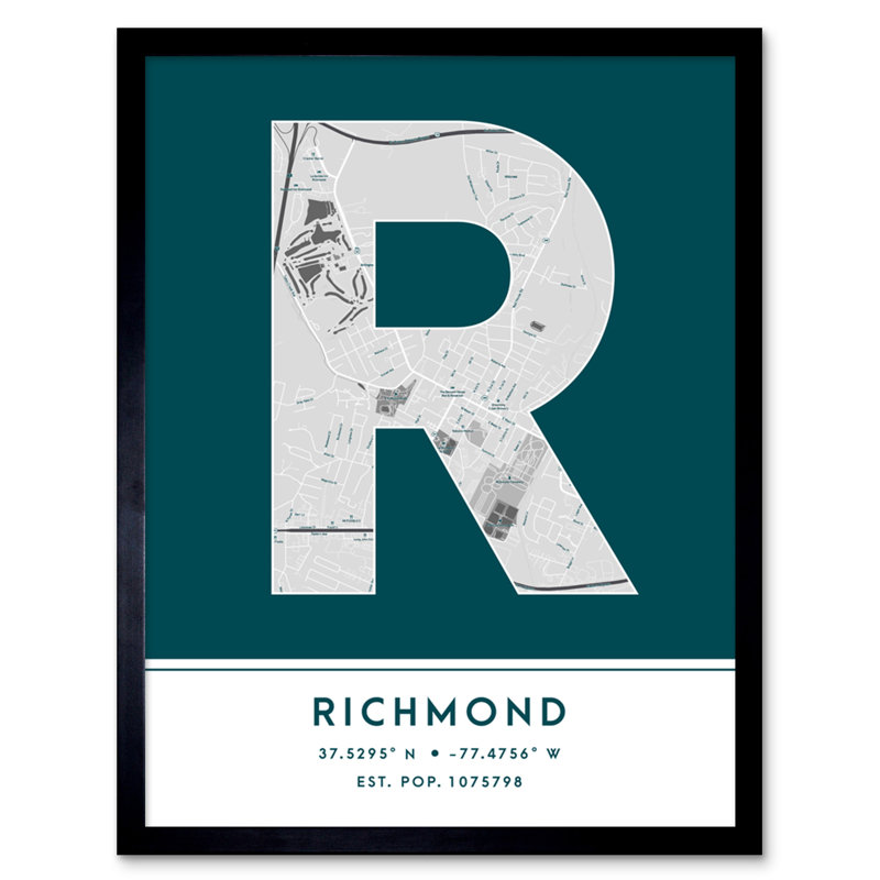 Richmond City Map Richmond Teal by Wee Blue Coo - Single Picture Frame Typography