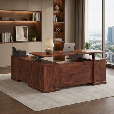 71" Executive L-Shaped Electric Standing Desk with Power Outlets, Cable Management and  File Storage