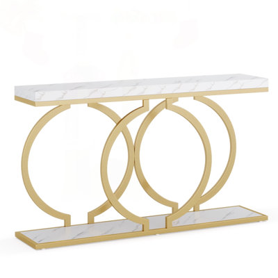 55.11" Modern White & Gold Faux Marble Console Table with Geometric Base