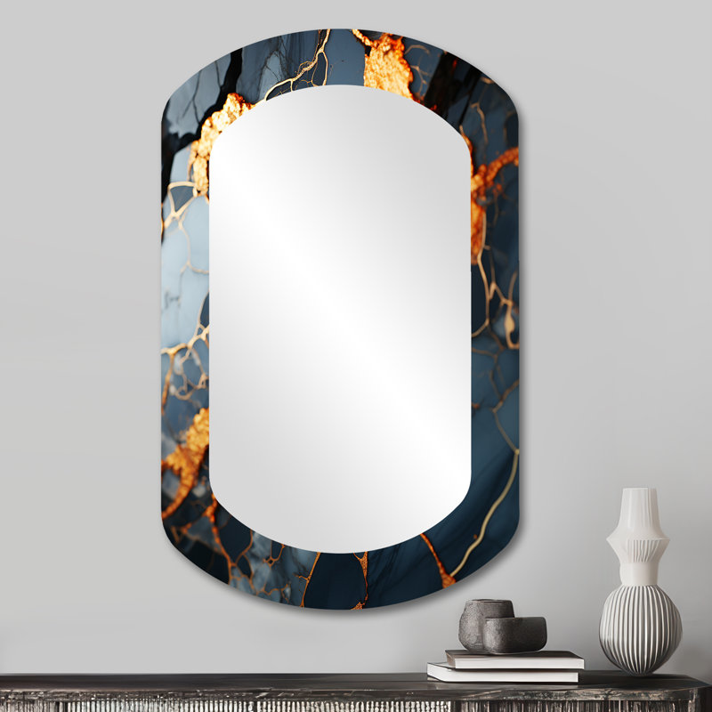 Grey and Gold Abstract Marble Granite III - Abstract Cylinder Decorative Mirror, Modern Asymmetrical Wall Mirror, Printed Metal Art