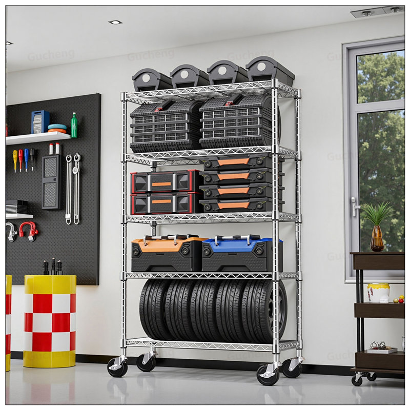 Étagère de rangement en acier robuste à 6 niveaux avec tablettes et roulettes réglables, parfaite pour la maison et le bureau