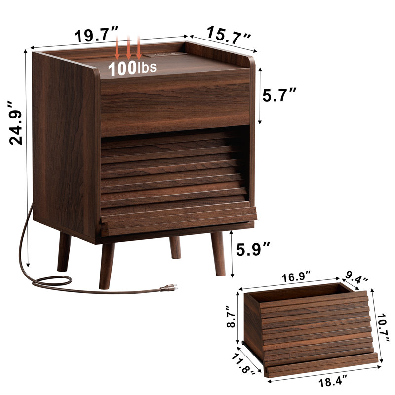 Table de chevet 2 tiroirs avec lumières DEL et prises de courant l 19,69 po Allysyn, Ensemble de 2, Noyer