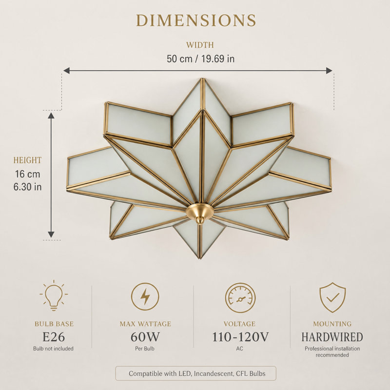 Art Deco Star Flush-Mount Ceiling Light, Brass Frame with Frosted Glass