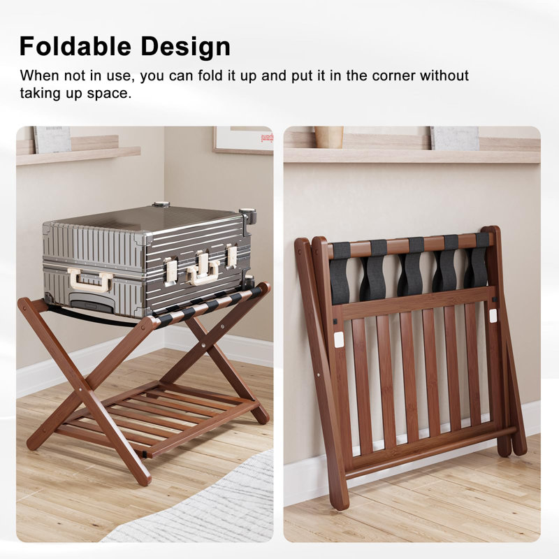 Walnut Foldable Luggage Rack Set with Nylon Straps