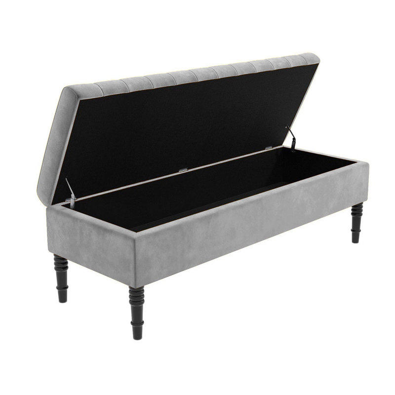 Safar Striped Ottoman Storage Bench – Upholstery Plush Velvet Shoe Bench with Black Turned Wooden Legs, Silver