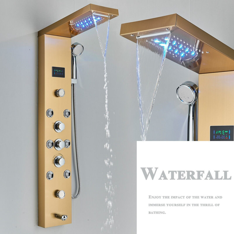 Panneau de douche 44,88 po avec pomme de douche fixe, Or brossé