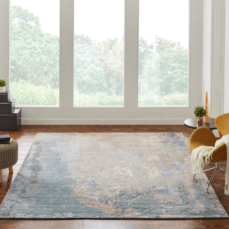 Hand Knotted Abstract Area Rug in Blue, Rectangle 8' x 10'