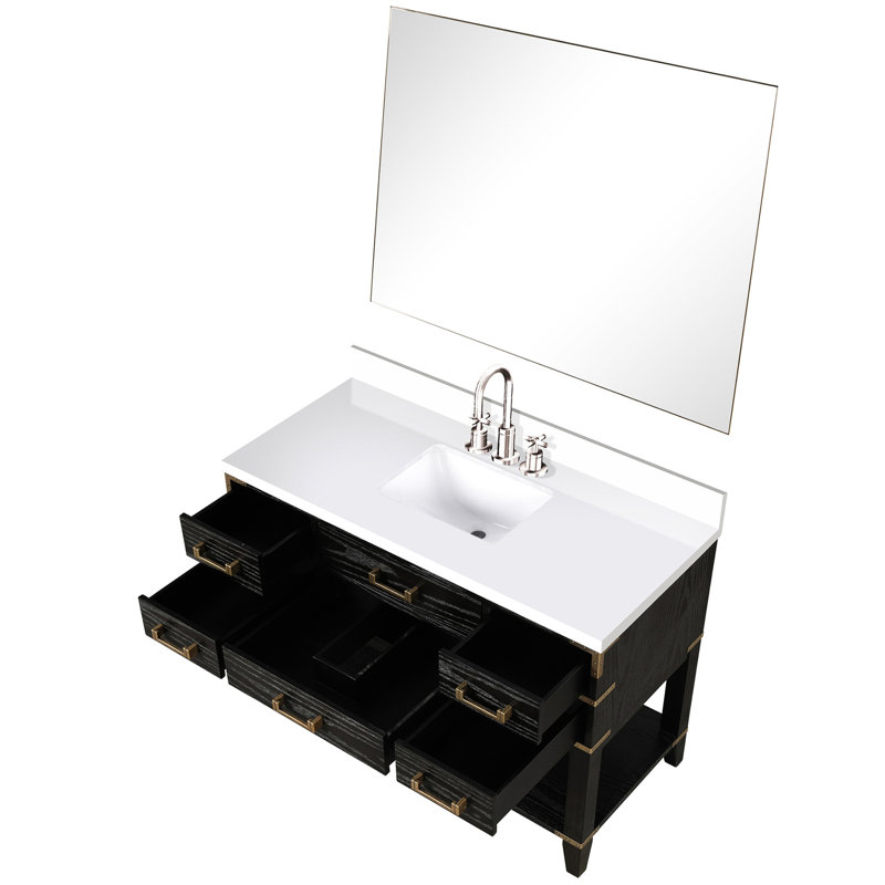 48 po De salle de bain en chêne noir avec surface en marbre de culture et robinet, miroir de 46 po - salle de bain élégante avec dessus élégant