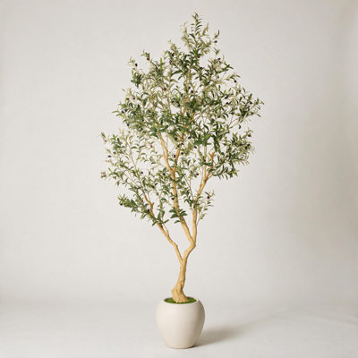 8.2ft Sculptural Artificial Olive Tree with Round White Planter, Artistic Tall Faux Plant for Home Office Decor