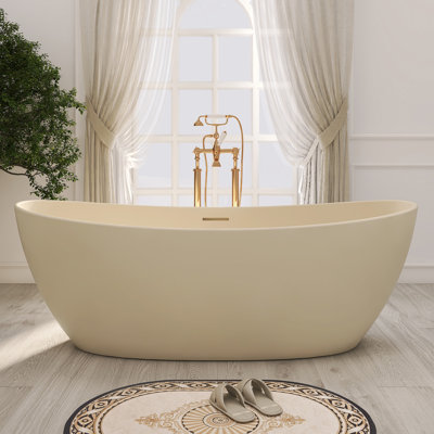73"×33" Freestanding Bathtub Solid Surface Deep Soaking Tub Double Slippers（Coffee）