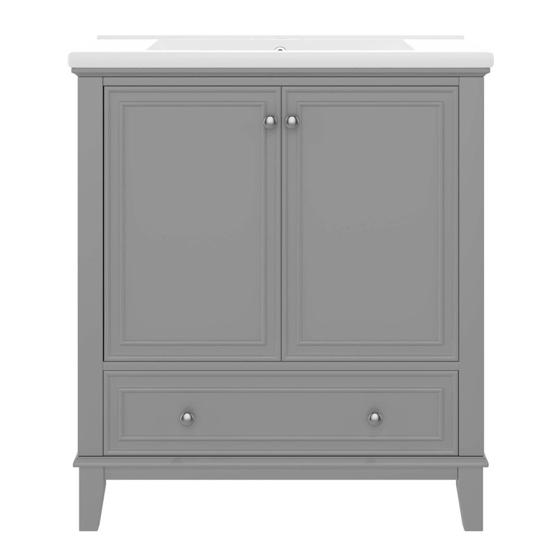 30" Bathroom Vanity with Sink Combo, Multi-functional Bathroom Cabinet with Doors and Drawer, Solid Frame and MDF Board, Grey