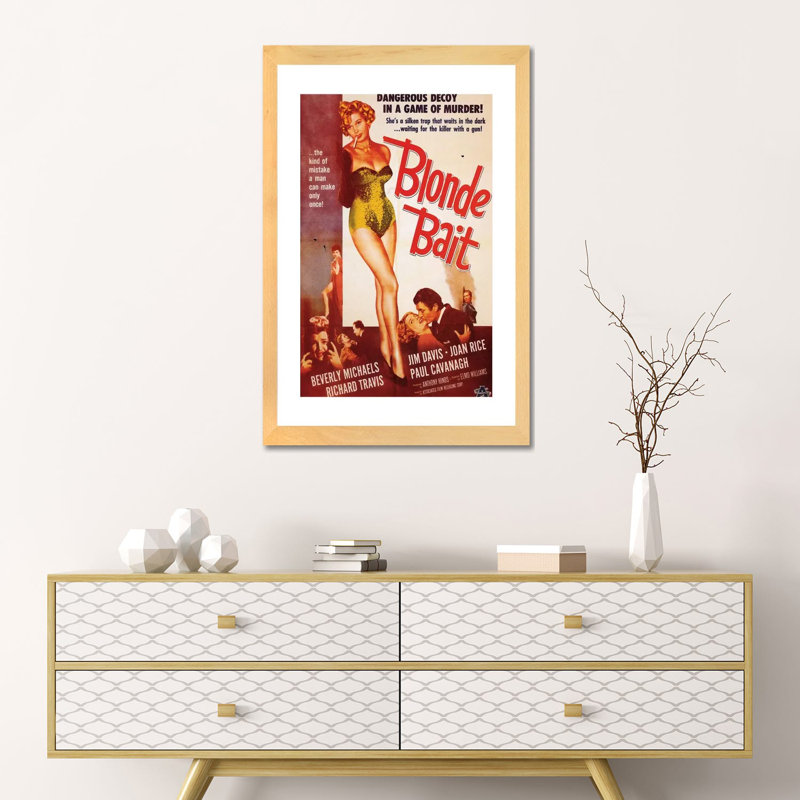 Appât blond - publicité imprimée, H 40 po x l 26 po x P 1,5 po, Toile avec cadre noir patiné, Aucun mat