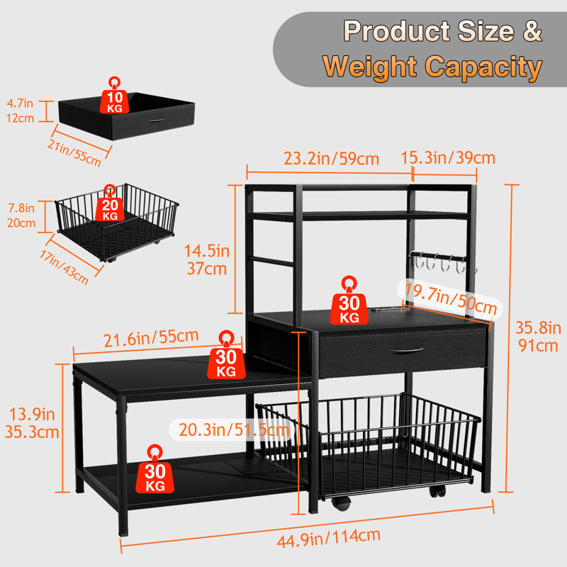 3D Printer Stand with Storage Drawer and Rolling Filament Basket, Industrial Printer Table with Open Shelves and Hooks, Sturdy Metal Workstation for 3D Printing Tools and Accessories, Black