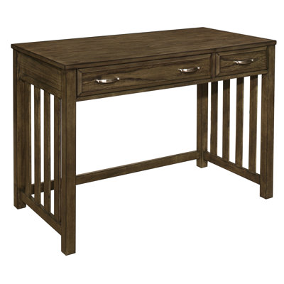 Rectangular Desk With Brown Gray Color And Keyboard Space Satin Nickel Bar Pull Veneer Storage