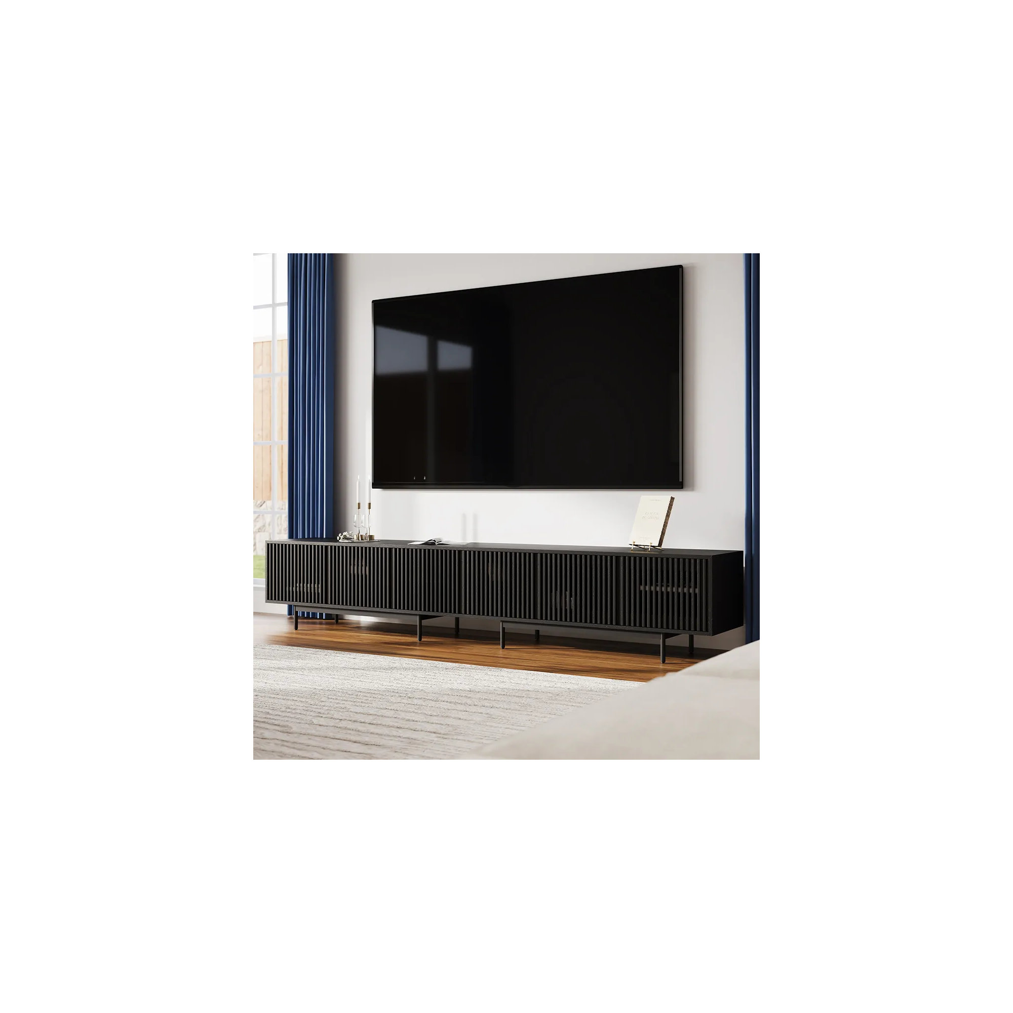 Mid-Century Modern TV Stand, 21.26" H x 118" W x 18.89" D, Black