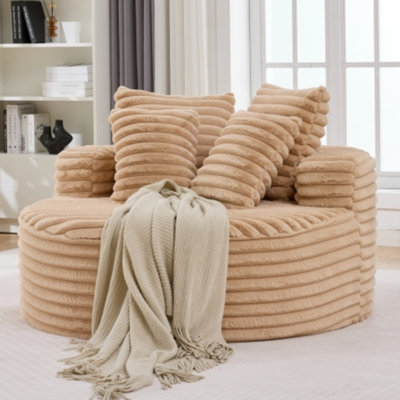 54.3" Coffee Corduroy Round Chaise Lounge, No Assembly, Deep Seat Cloud Design