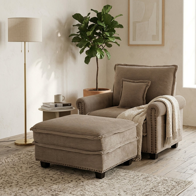 42-inch Nailhead Trim Sofa With Ottoman, Modern Corduroy Small Couch With Rolled Arms, Single Sofa Chaise Lounge For Living Room, Bedroom, Farmhouse Decor