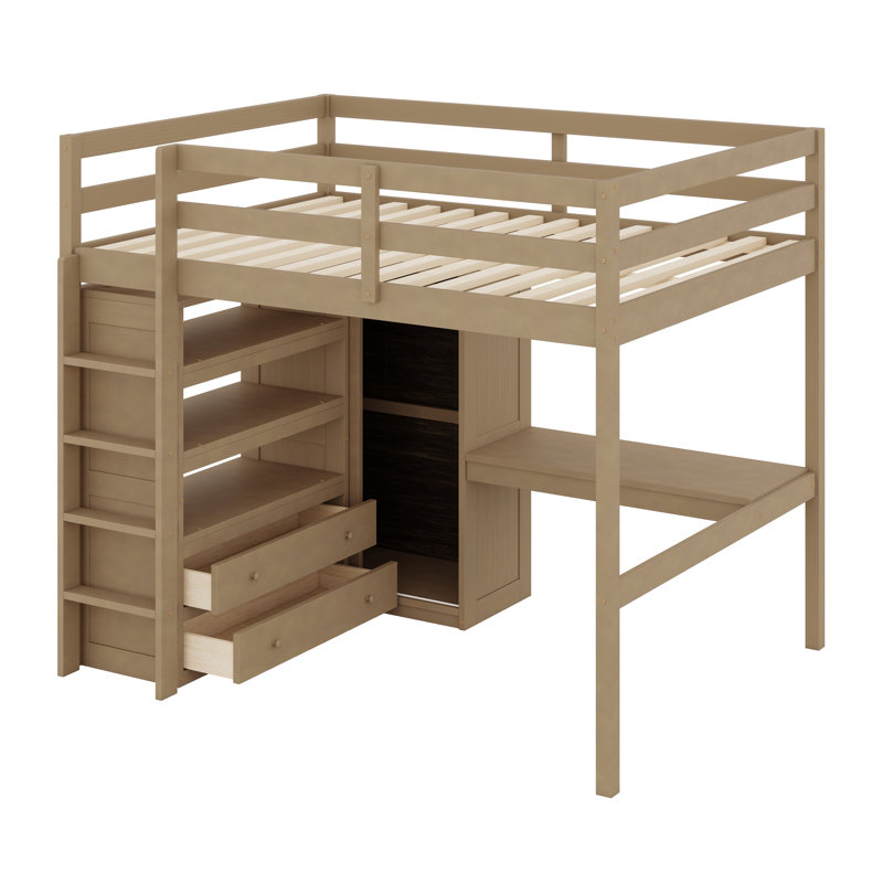 Wood Loft Bed With Built-In Wardrobe, Desk, Storage Shelves And Drawers, Walnut