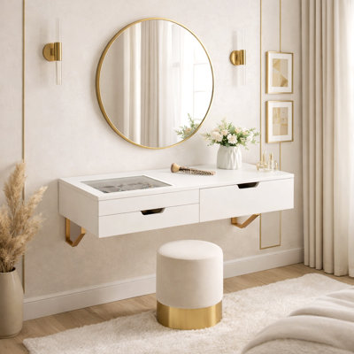 White Wall-Mounted Dressing Table with Glass Inset Panel and Jewellery Drawer