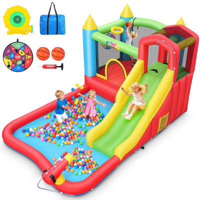 Maison gonflable de 13,54 pi x 8,3 pi avec souffleur d'air pour enfants de 3 à 12 ans Adam, maison gonflable avec glissade, trampoline, piscine à balles, panier de basketball, cible, mur d'escalade, canon à eau