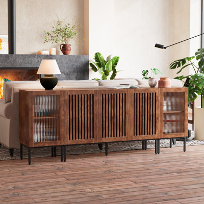 Storage Cabinet,79" Farmhouse Sideboard Buffet Cabinet With Metal Base And Adjustable Shelves,coffee Bar Cabinet With Glass Doors For Dining Room,living Room,kitchen,brown