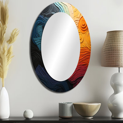 Orange sarcelle Op Art Rhythmic Illusion II - miroir décoratif ovale abstrait sur métal