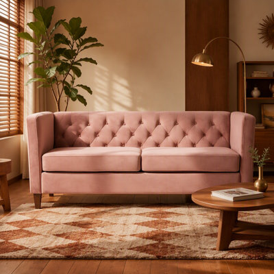 Button Tufted Velvet 3-Seater Sofa with Tapered Wood Legs