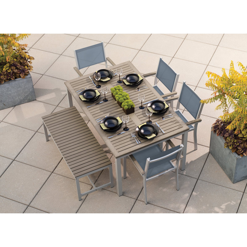 Travira Rectangular 6 - Person 63" Powder Coated Aluminum Sling Chair and Bench Patio Dining Set, Tekwood Vintage, Ink Pen