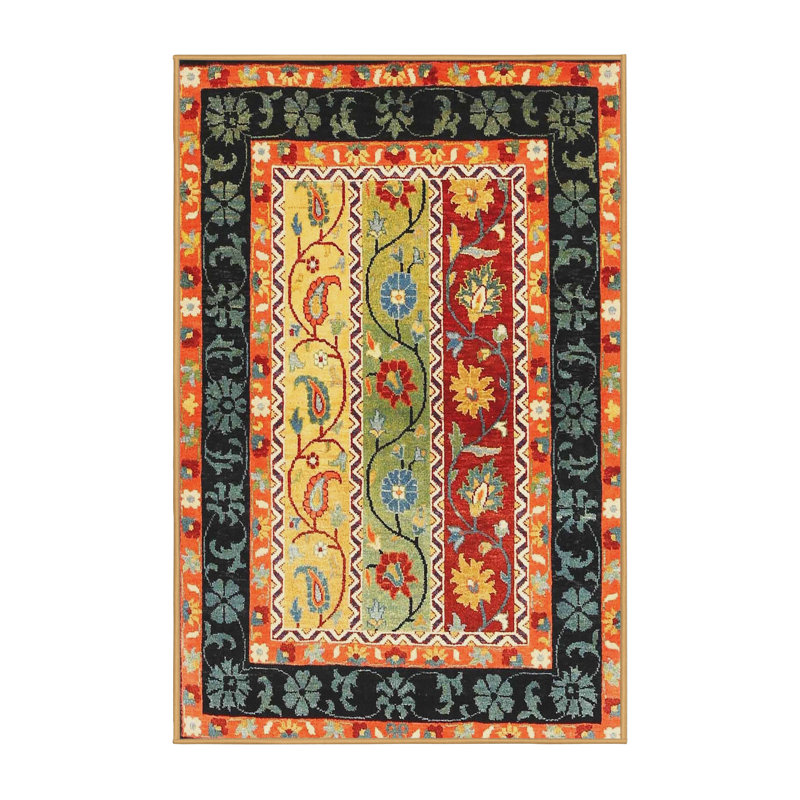 Tapis contemporain orange / vert / jaune, Rectangle 4 pi x 6 pi