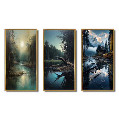 «Mysterious Misty Sunset Over Teal Lake», 3 pièces